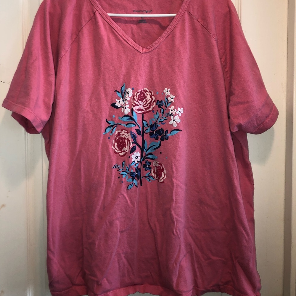 blue and pink flower shirt